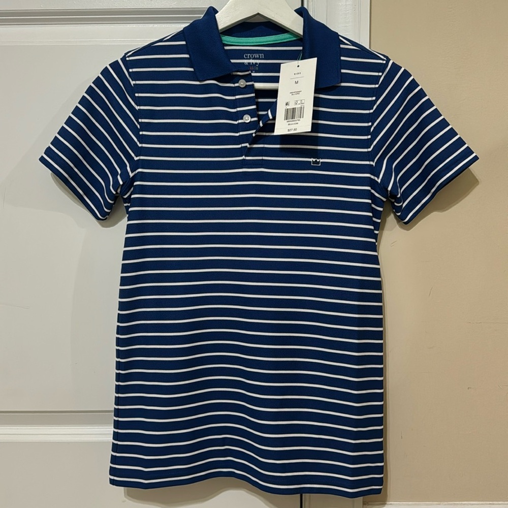 crown & ivy kids boys polo shirt, Size Medium, navy and white stripe